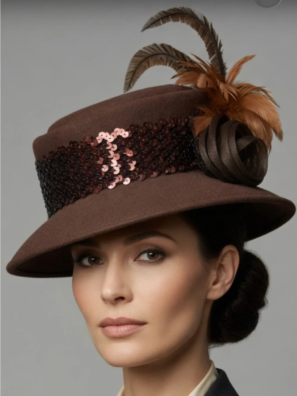 Vintage Deborah New York Wool Womens Brown Felt Feather Trim Hat